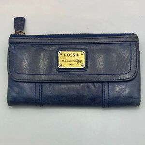 Fossil Blue Leather Wallet Long Live Vintage Clutch Organizer ID Card Holder